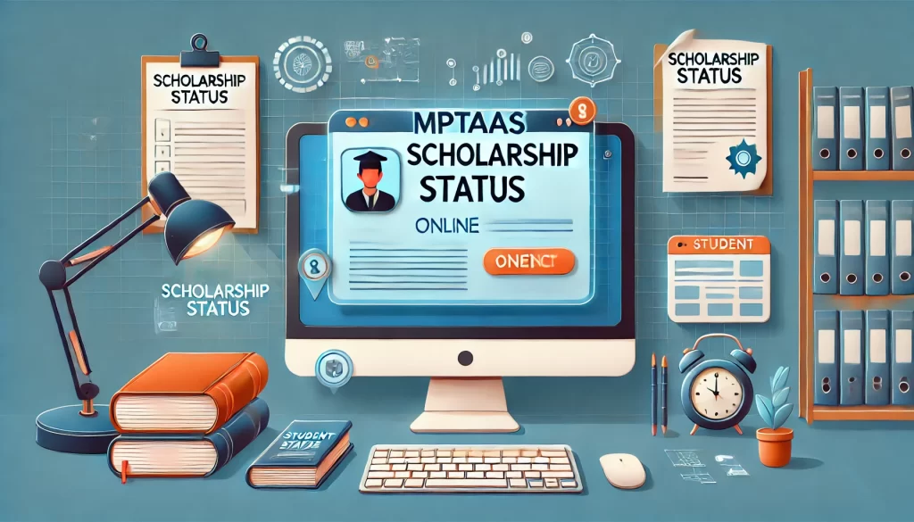 Image showing a computer screen with the website for Mptaas Scholarship Status open, surrounded by essential documents and a student ID, emphasizing the process of checking scholarship status online.