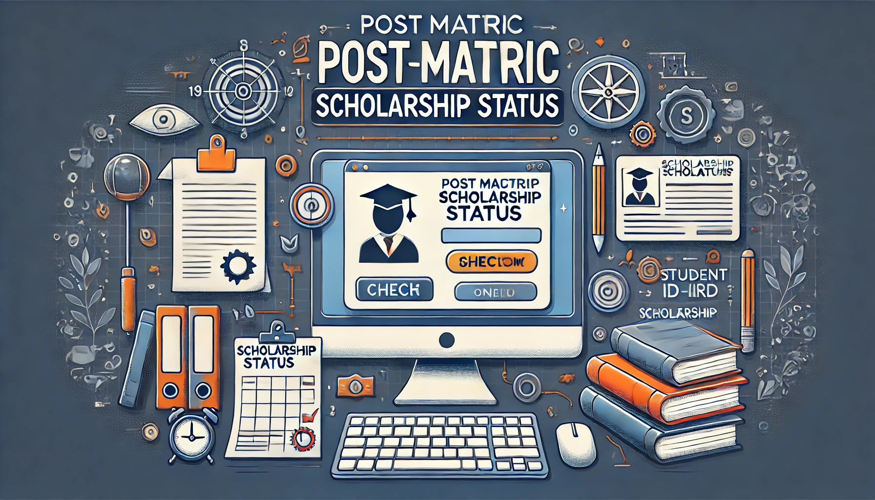 "Digital workspace with a website open displaying 'Post Matric Scholarship Status' alongside educational documents and a student ID."