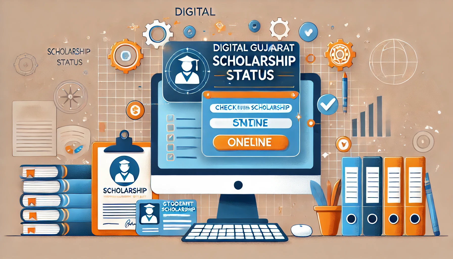 Online portal for Digital Gujarat Scholarship Status viewed on a desktop, surrounded by school supplies and identification, emphasizing access to educational support.