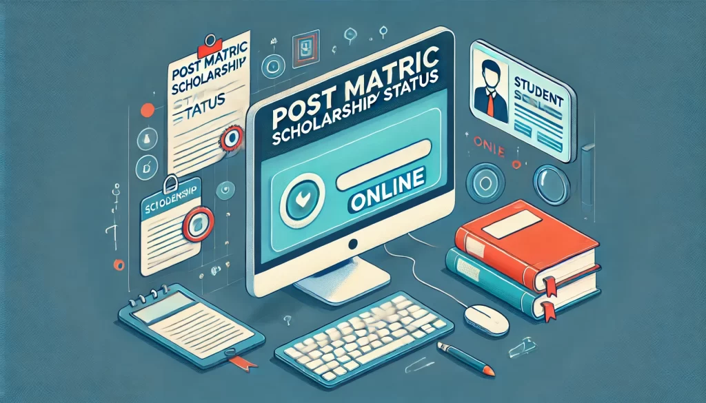 "Image showing an online portal for checking Post Matric Scholarship Status with books and a student ID on a desk."


