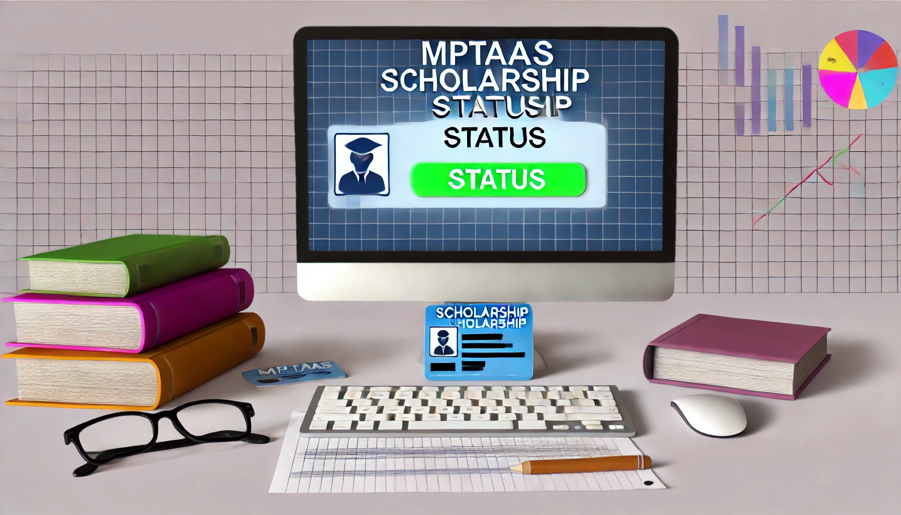 Digital workspace with a display of the Mptaas Scholarship Status on a computer screen, flanked by academic documents and a student ID, illustrating the online status check for the scholarship.